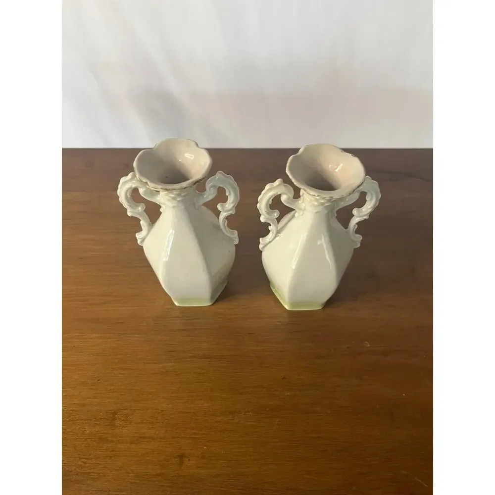 Matched Pair Vintage Porcelain Vases Pink Roses Scroll Handles Cream Victorian
